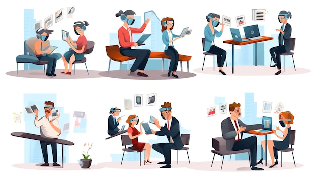 illustration in cartoon style people in vr glasses working reading news dealing with crypro currency meating with colleagues