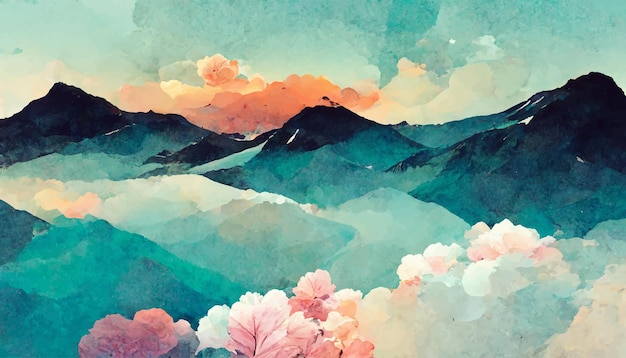 Illustration of a lake in the mountains with watercolor technique