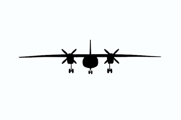Illustration of a twin-engined passenger plane in black on a white clipping background in front. Chassis released