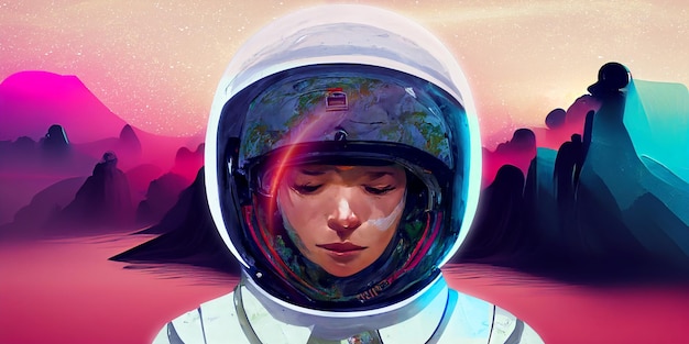 illustration of astronaut woman with white helmet and mountain landscape of planet. cyberpunk.