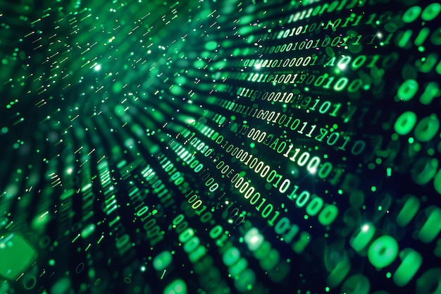 illustration of digital matrix background with binary code in shades of green creating an abstract