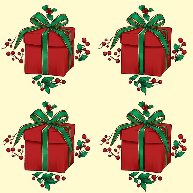 Illustration of red gift box with green gold ribbon pattern on yellow background