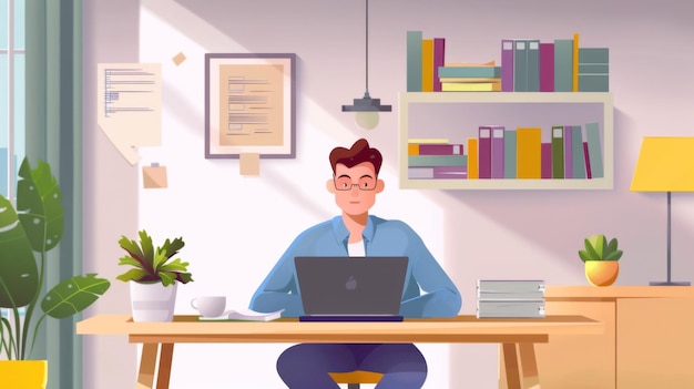 illustration. Studerende, der deltager i online undervisning med en bærbar computer i et behageligt hjemmemiljø