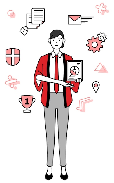 Image of DX Woman wearing a red happi coat using digital technology to improve her business