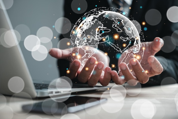 In human hands Earth becomes an icon of global network connections and innovative technology represents merging concepts of science communication and energysaving Background Big data analytics