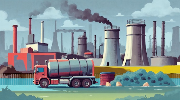 Industrial landscape with a truck and factory smoke