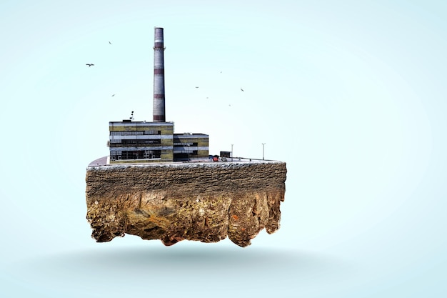 industrial power plant with smokestack on top of cake. mixed media