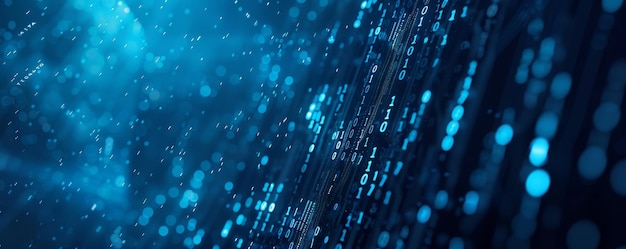 information technology and blue digital binary data network with coding and software algorithm programing as blue data flow abstract datum background banner