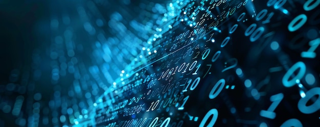 information technology and blue digital binary data network with coding and software algorithm programing as blue data flow abstract datum background banner