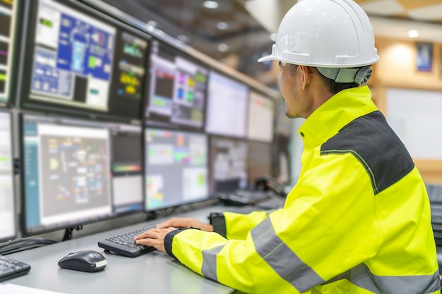Ingeniør arbejder i kontrolrummet. Leder af kontrolsystemet. Teknisk mand overvåger programmet fra en masse skærme