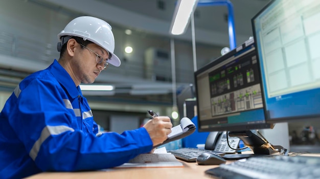 Ingeniør arbejder i kontrolrummet. Leder af kontrolsystemet. Teknisk mand overvåger programmet fra en masse skærme