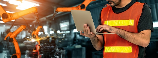 Ingeniør bruger avanceret robotsoftware til at styre industrirobotarmen i fabrikken