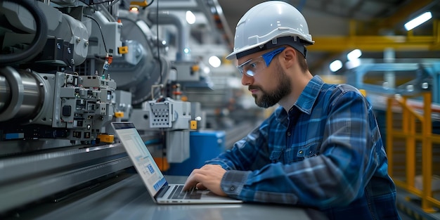 Ingeniør programmerer logisk controller på bærbar computer til stor automatiseret maskine Koncept Industriel automatisering Logisk programmering Ingeniørsoftware Store maskiner PLC-programmering