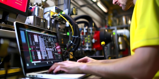 Ingenjör använder bärbar dator för att programmera logikkontroller för automatiserad industrimaskin Koncept Industriell Automation Programmerbar Logikkontroller Ingenjörsteknik Bärbar Dator Programmering