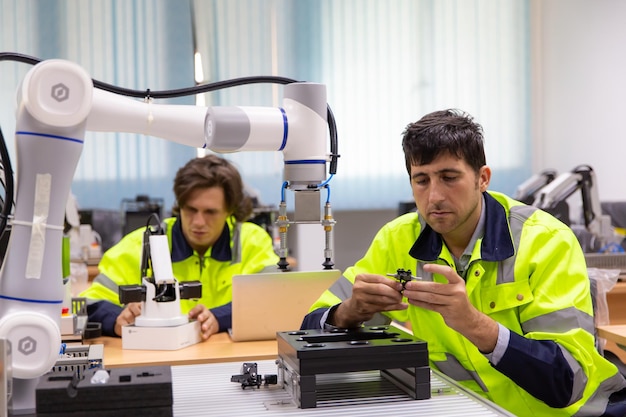 Ingenjör kontrollerar och styr automationsrobotarmars maskin i intelligent industriell fabrik på programvarurobotik för realtidsövervakningssystem och digital tillverkningsdrift