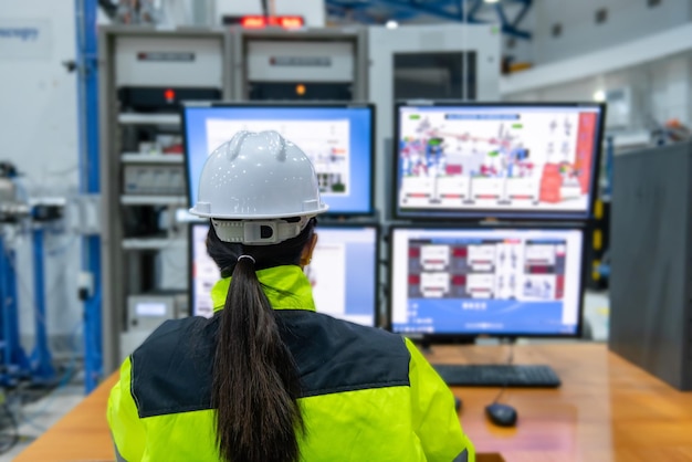 Inne i den stora industrifabriken arbetar en kvinnlig dataingenjör på en persondator. Hon kodar program för kontrollmaskinen. Thailändska personer arbetar på fyra skärmar. Programmerare som arbetar seriöst