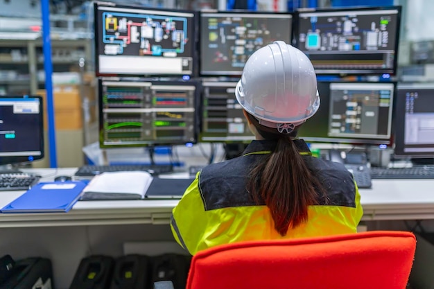 Inne i den stora industrifabriken arbetar en kvinnlig dataingenjör på en persondator. Hon kodar program för kontrollmaskinen. Thailändska personer arbetar på fyra skärmar. Programmerare som arbetar seriöst
