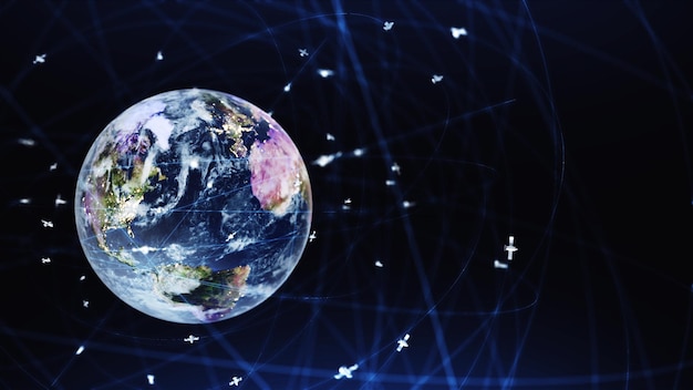 Internet connection by satellites 3D earth digital connected network background 3D render satellites animation