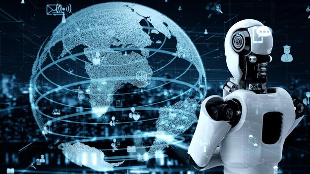 Internet connection controlled by AI robot huminoid and machine learning process