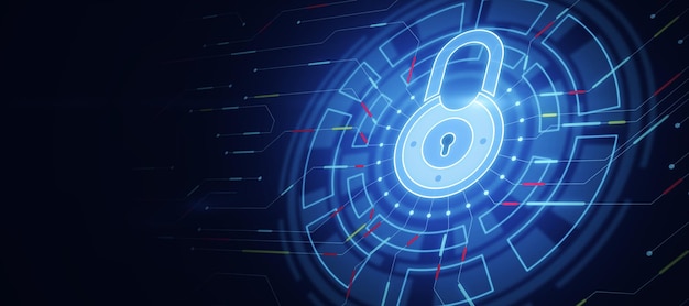 Internet safety concept with glowing virtual lock icon in technological button on abstract dark background with copyspace 3D rendering mock up