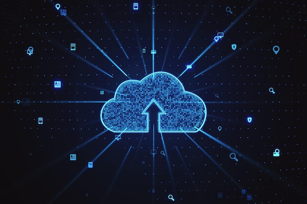 Internetlagring og cloud computing-teknologikoncept med klar digital pil i cloud-symbol på mørk tapet 3D-gengivelse