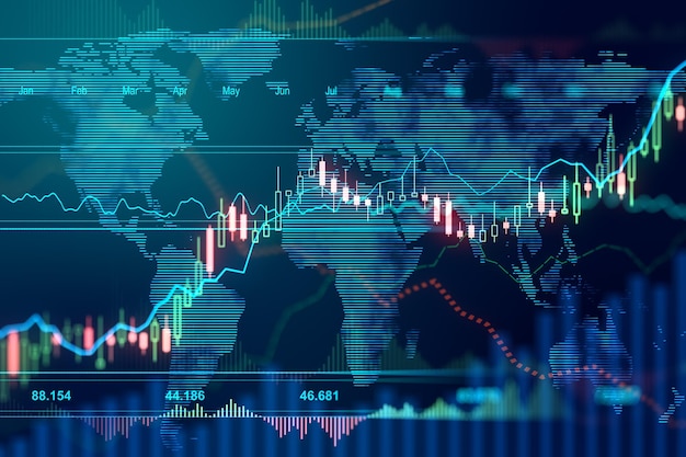 Investment and business concept digital screen with glowing financial graphs and diagram at abstract wold map background