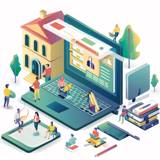 isometric illustration of a work station and computer in vector style