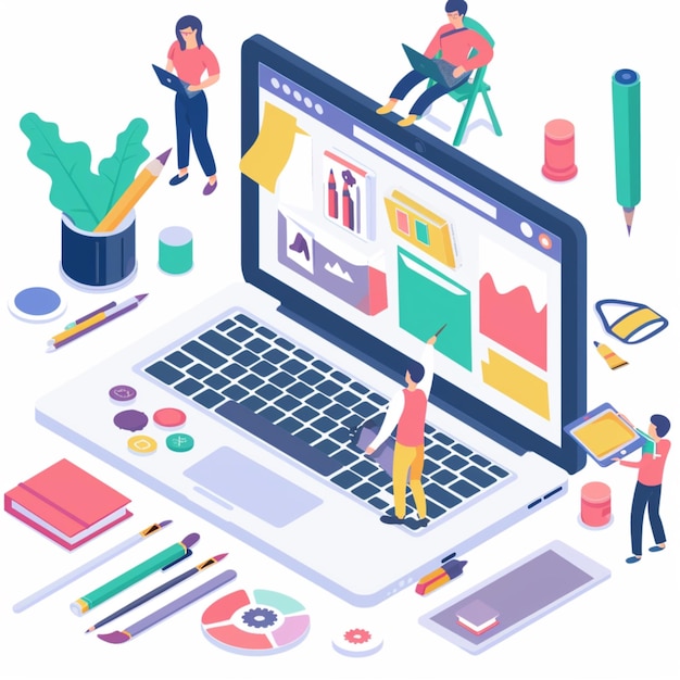 isometric illustration of a work station and computer in vector style