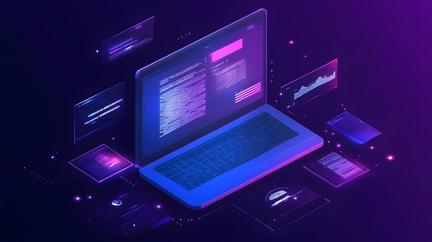 isometric laptop with data visualization and ui elements