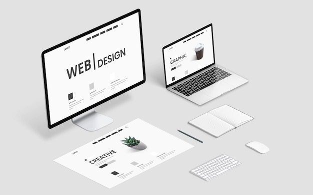Isometric web design studio desk with computer display laptop and concept page layout