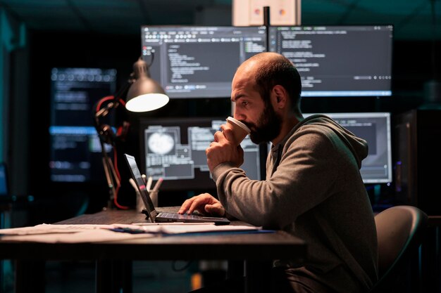 IT developer drinking coffee cup and programming html script in office after hours, enjoying caffeine beverage to finish developing source code. Overworked programmer with drink.