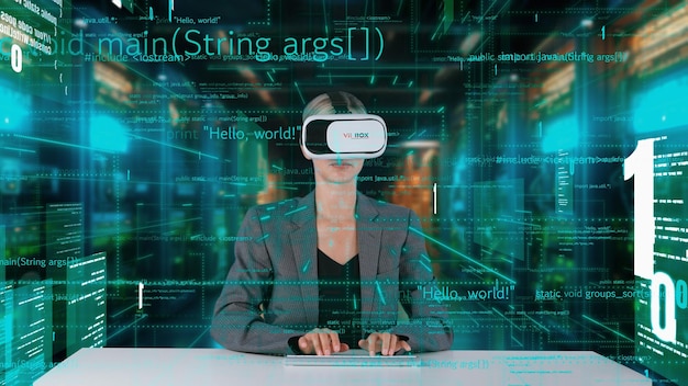 IT developer typing computer code for analyzing intelligent by VR Contraption