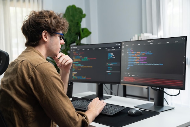 it developer with stressful overworked in creating online software code gusher