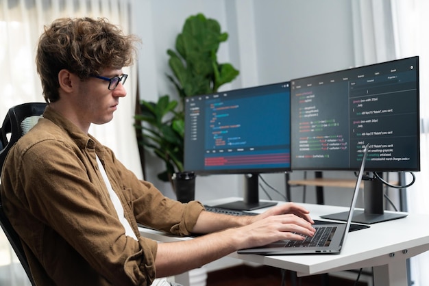 it developer with stressful overworked in creating online software code gusher