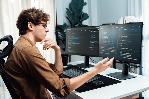 it developer with stressful overworked in creating online software code gusher