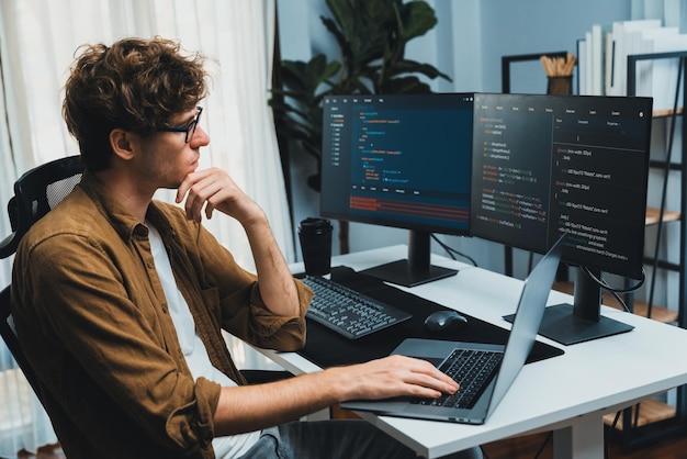 it developer with stressful overworked in creating online software code gusher