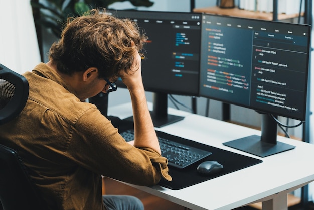 IT developer working online software development coding on pc screens Gusher