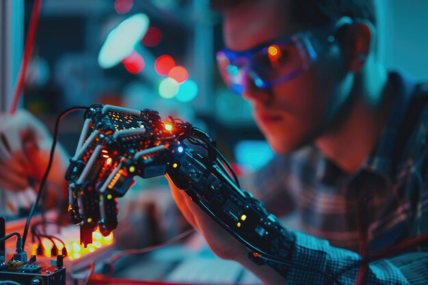 IT programmer coding arduino for robotic arm at tech center