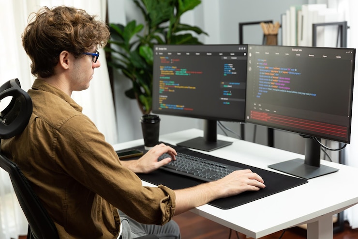 Foto it-udvikler med stress og overarbejde under udvikling af online softwarekode, gusher