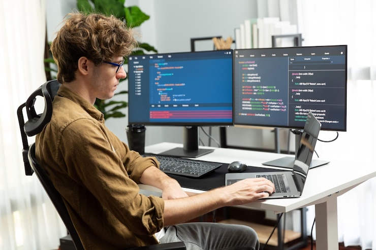 Bild it-utvecklare som är stressad och överarbetad med att skapa onlineprogramvarukod gusher