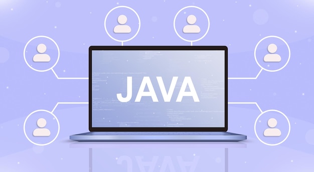 Java på bærbar skærm med brugerikoner omkring 3D