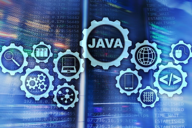 java programming concept virtual machine on server room background