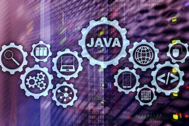 java programming concept virtual machine on server room background