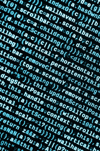 JavaScript code in text editor. Coding cyberspace concept. Screen of web developing code