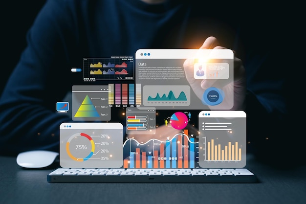 key performance indicator kpi using business intelligence bi metrics to measure achievement versus planned target person touching screen icon success