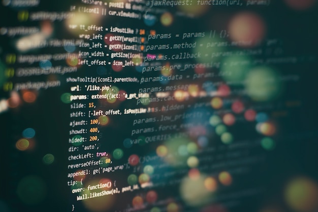 Kode til udviklerprogrammering. Abstrakt computerscriptkode. Programmeringskode på skærmen for softwareudviklere. Tid til softwareprogrammering.