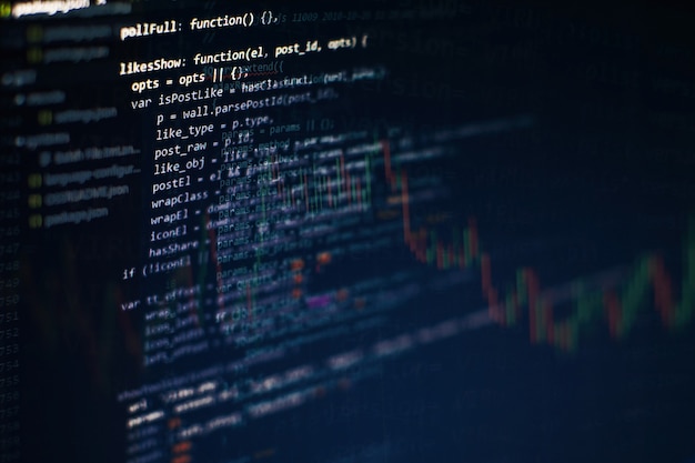 Kode til udviklerprogrammering. Abstrakt computerscriptkode. Programmeringskode på skærmen for softwareudviklere. Tid til softwareprogrammering.