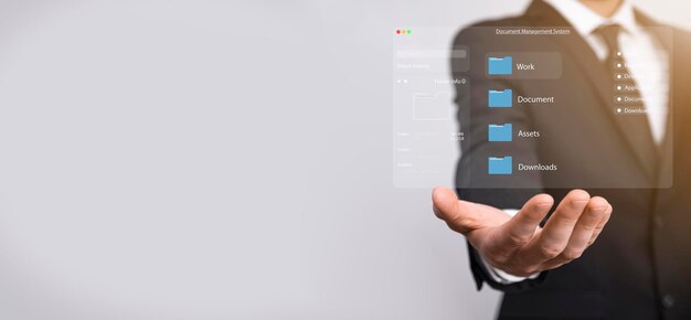 Koncept för dokumenthantering Virtuella skärmikoner Dokumenthanteringssystem DMS Online-dokumentdatabasprogramvara för effektiv arkivering, sökning och hantering av företagsfiler och data