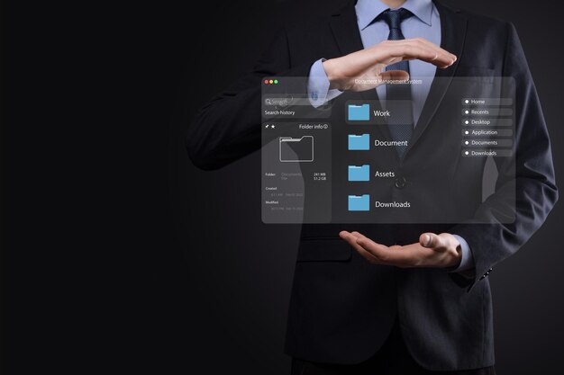 Koncept för dokumenthantering Virtuella skärmikoner Dokumenthanteringssystem DMS Online-dokumentdatabasprogramvara för effektiv arkivering, sökning och hantering av företagsfiler och data