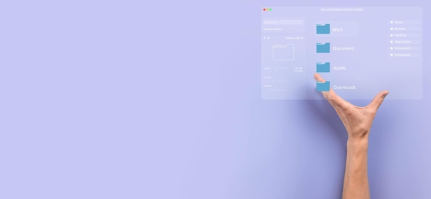 Koncept för dokumenthantering Virtuella skärmikoner Dokumenthanteringssystem DMS Online-dokumentdatabasprogramvara för effektiv arkivering, sökning och hantering av företagsfiler och data